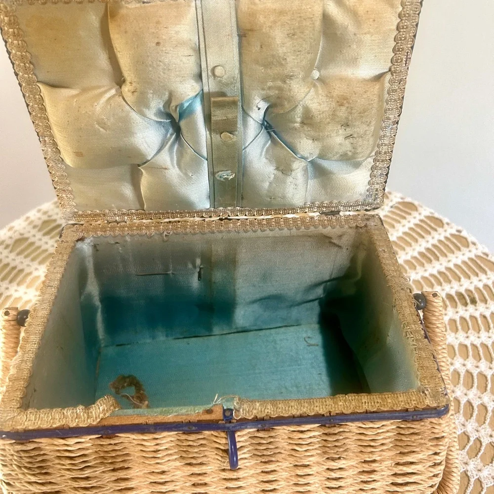 Vintage Wicker & Blue Sewing Basket with Light Blue Satin Lining Cottagecore